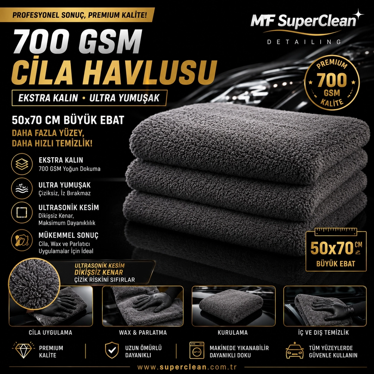 SUPERCLEAN  OTO KURULAMA VE CİLA  HAVLUSU  - 50X70 CM - 700 GSM 